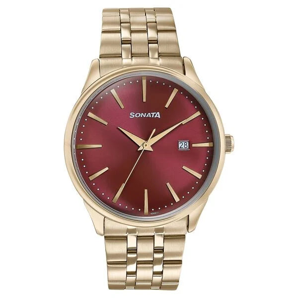 Sonata Wedding Edit Quartz Analog with Date Red Dial Stainless Steel Strap Watch For Men 77166ym02