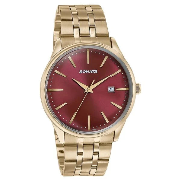 Sonata Wedding Edit Quartz Analog with Date Red Dial Stainless Steel Strap Watch For Men 77166ym02