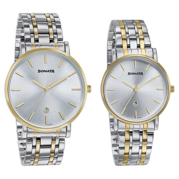 Sonata Wedding Edit Quartz Analog with Date Silver Dial Stainless Steel Strap Watch For Pair 7716787086bm01