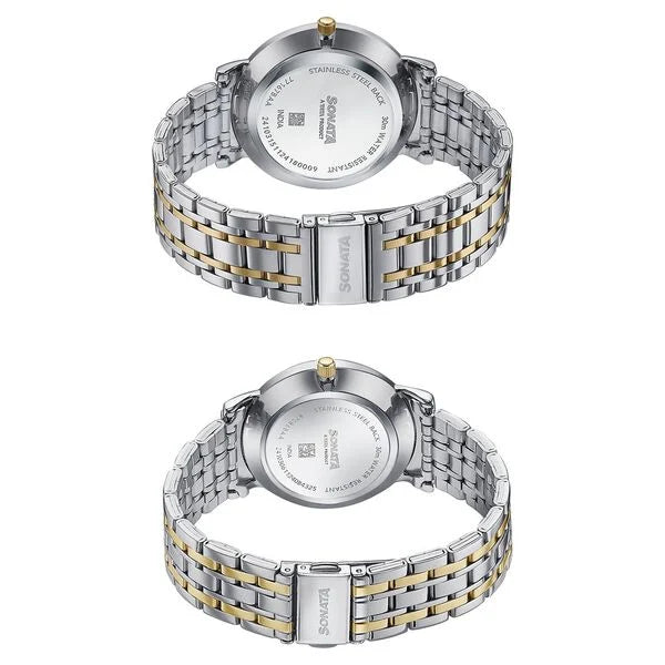 Sonata Wedding Edit Quartz Analog with Date Silver Dial Stainless Steel Strap Watch For Pair 7716787086bm01