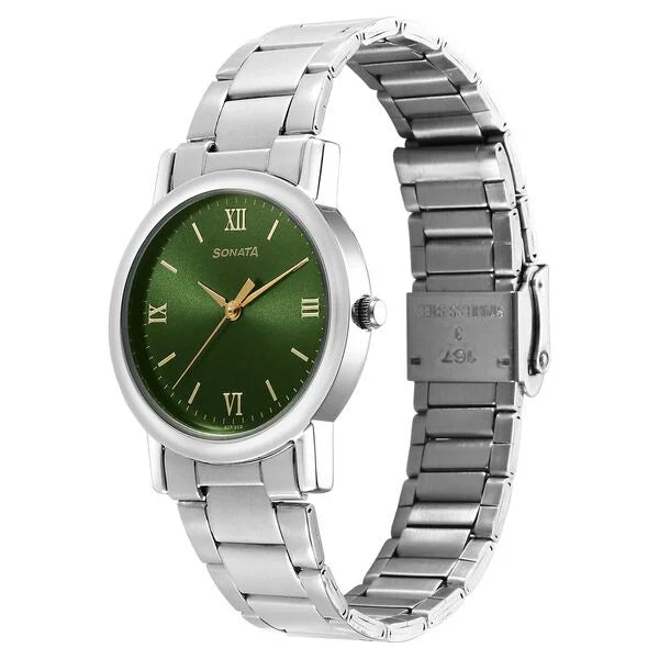 Sonata Classic Quartz Analog Green Dial Silver Stainless Steel Strap Watch for Men 7987sm10w