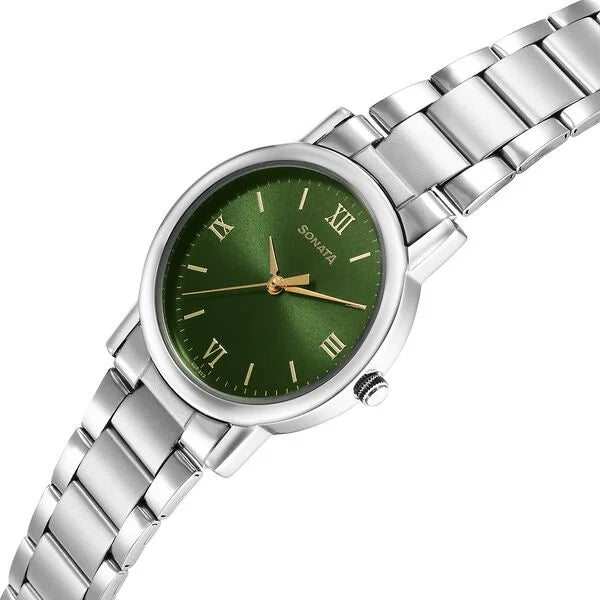 Sonata Classic Quartz Analog Green Dial Silver Stainless Steel Strap Watch for Men 7987sm10w