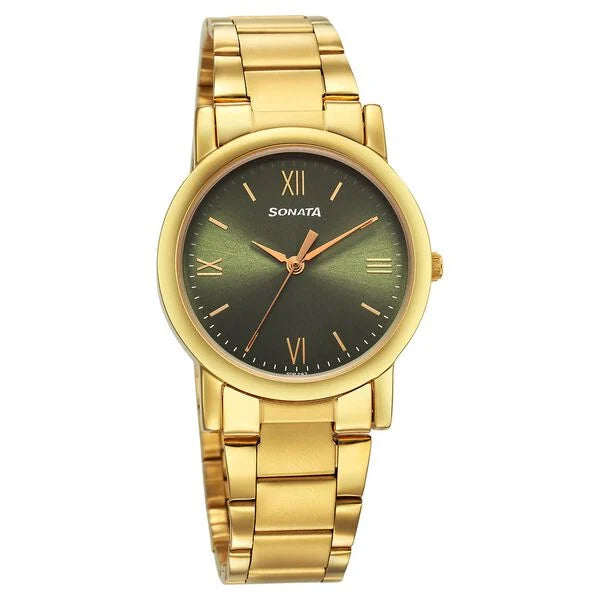 Sonata Classic Quartz Analog Green Dial Golden Stainless Steel Strap Watch for Men 7987ym15w