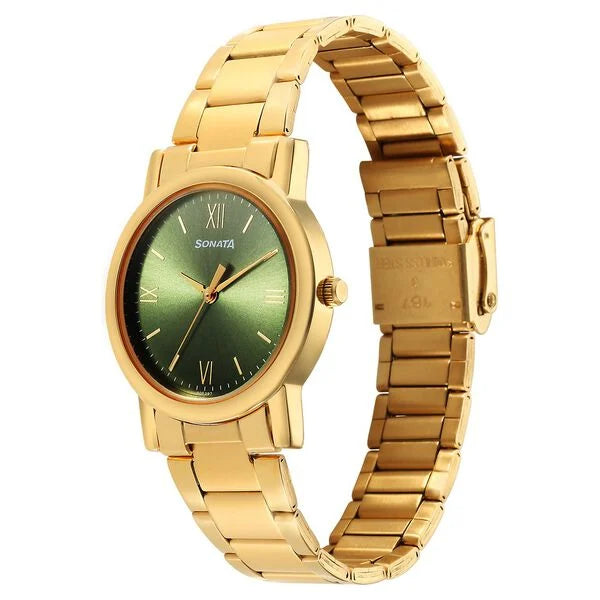 Sonata Classic Quartz Analog Green Dial Golden Stainless Steel Strap Watch for Men 7987ym15w