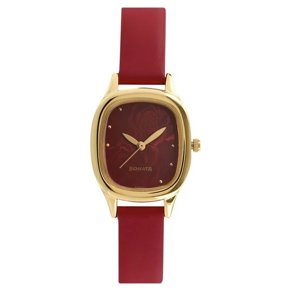 Sonata Quartz Analog Red Dial Leather Strap Watch for Women ns8060yl03 / 8060yl03