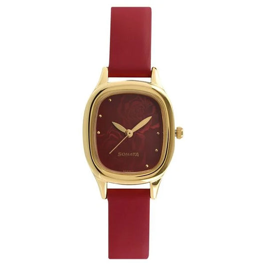 Sonata Quartz Analog Red Dial Leather Strap Watch for Women ns8060yl03