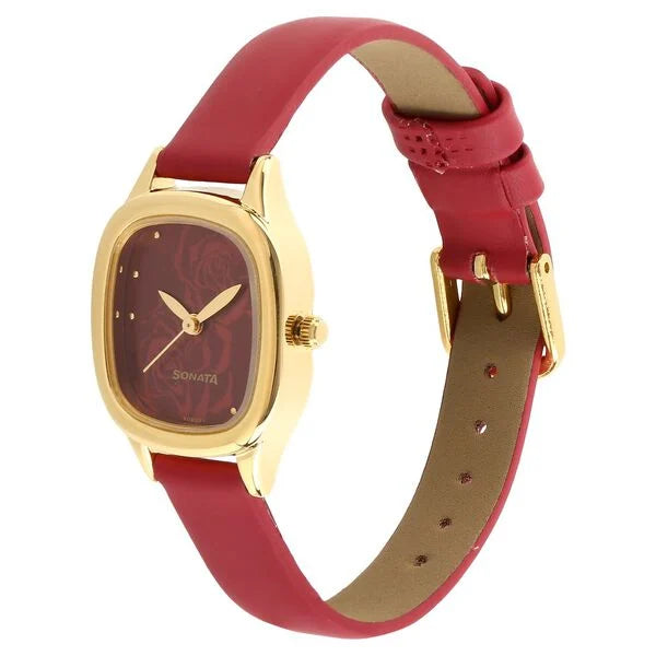 Sonata Quartz Analog Red Dial Leather Strap Watch for Women ns8060yl03 / 8060yl03