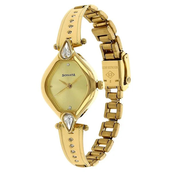 Sonata Quartz Analog Champagne Dial Stainless Steel Strap Watch for Women NS8063YM02