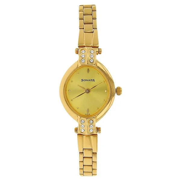 Sonata Quartz Analog Champagne Dial Stainless Steel Strap Watch for Women ns8064ym01 / 8064ym01