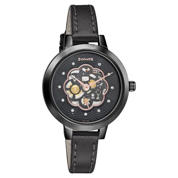 Sonata Unveil Black Dial Women Watch With Leather Strap 8141nl04