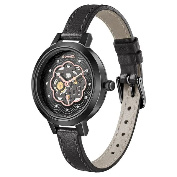 Sonata Unveil Black Dial Women Watch With Leather Strap 8141nl04