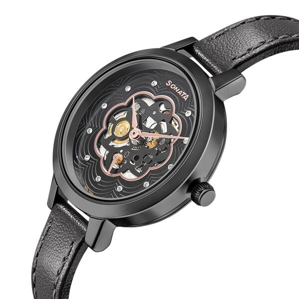 Sonata Unveil Black Dial Women Watch With Leather Strap 8141nl04