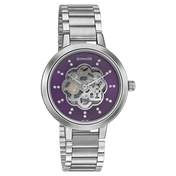 Sonata Unveil Quartz Multifunction Purple Dial Stainless Steel Strap Watch for Women 8141sm13