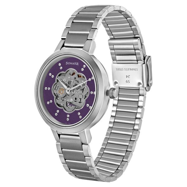 Sonata Unveil Quartz Multifunction Purple Dial Stainless Steel Strap Watch for Women 8141sm13