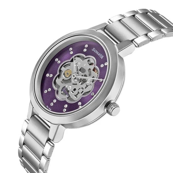 Sonata Unveil Quartz Multifunction Purple Dial Stainless Steel Strap Watch for Women 8141sm13