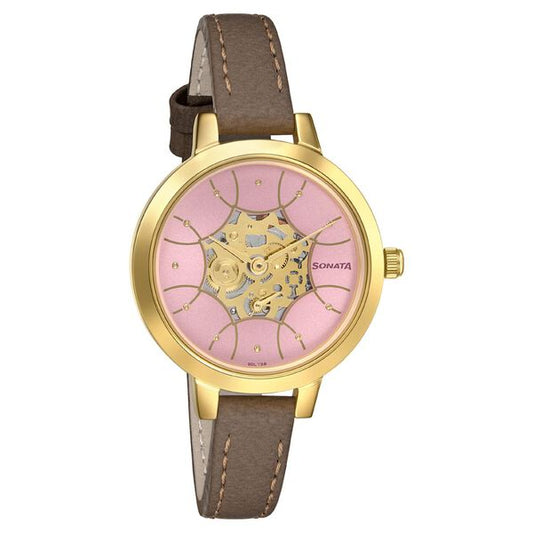 Sonata Unveil Quartz Multifunction Leather Strap Watch for Women 8141yl02