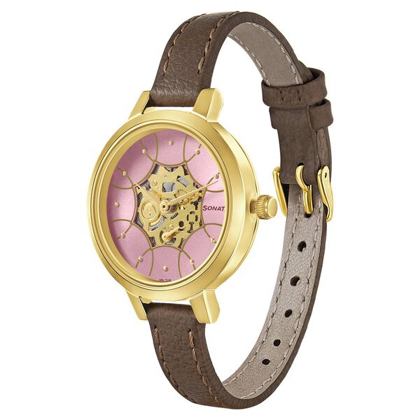 Sonata Unveil Quartz Multifunction Leather Strap Watch for Women 8141yl02