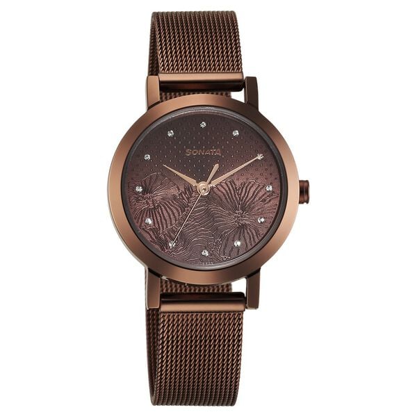 Sonata Quartz Analog Brown Stainless Steel Strap for Women 8174QM02