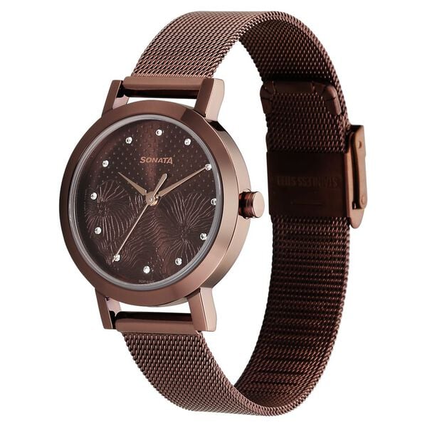 Sonata Quartz Analog Brown Stainless Steel Strap for Women 8174QM02