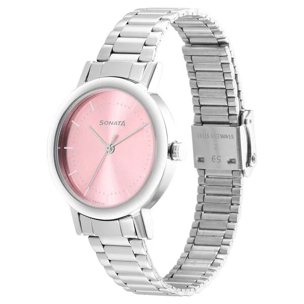 Sonata Ladies Essentials Pink Dial Stainless Steel Strap Watch for Women 8174sm03