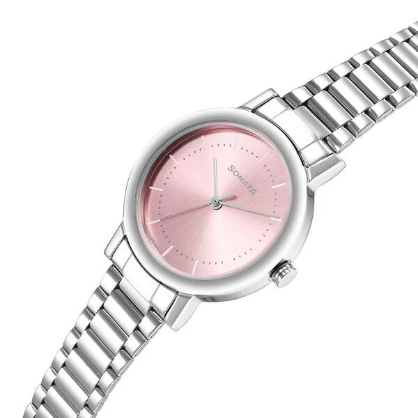 Sonata Ladies Essentials Pink Dial Stainless Steel Strap Watch for Women 8174sm03