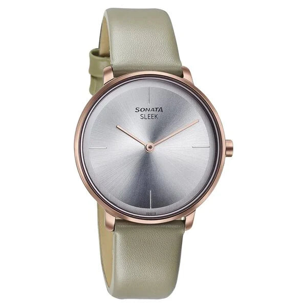 Sonata Sleek Quartz Analog Silver Dial Grey Leather Strap Watch for Women 8191ql01