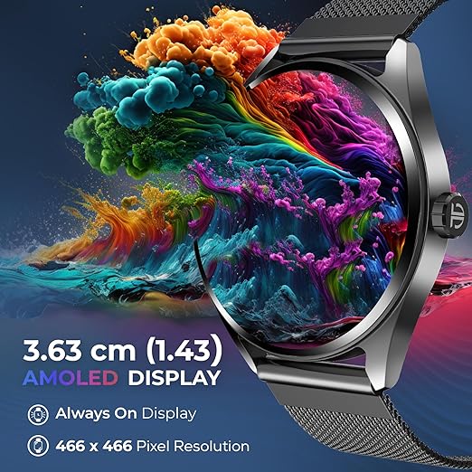 Titan Crest with 3.63 cm AMOLED Display with AOD, Functional Crown, BT Calling Smartwatch with Black Mesh Strap 90197am01