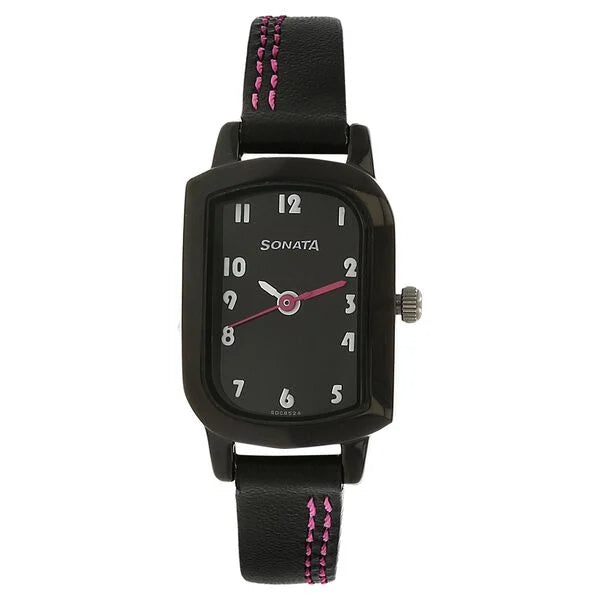 Sonata Quartz Analog Black Dial Leather Strap Watch for Women ns87001nl01 / 87001nl01