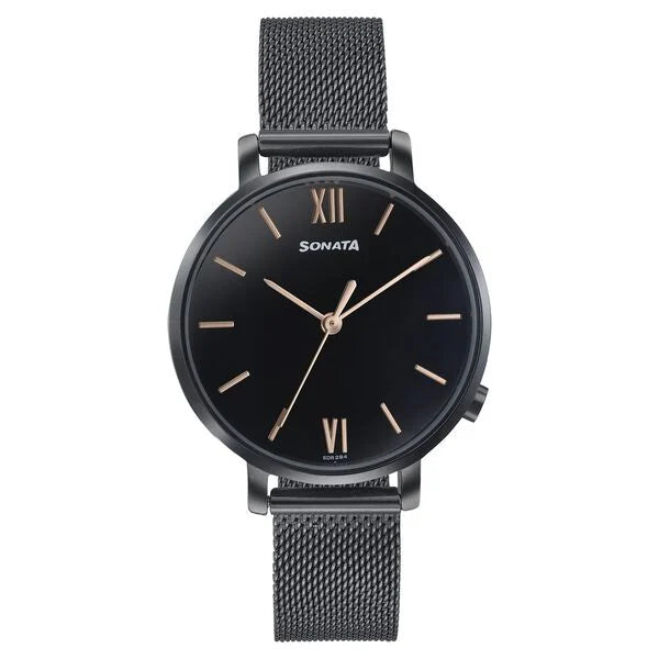 Sonata Elegent Essentials Quartz Analog Black Dial Stainless Steel Strap Watch For Women 87045nm01w