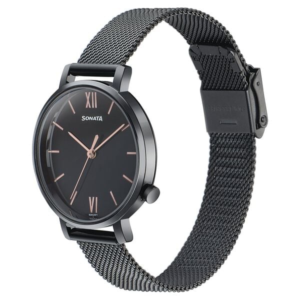 Sonata Elegent Essentials Quartz Analog Black Dial Stainless Steel Strap Watch For Women 87045nm01w