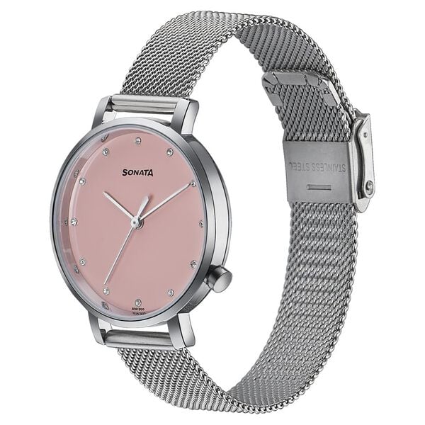 Sonata Elegent Essentials Quartz Analog Pink Dial Stainless Steel Strap Watch For Women 87045sm02w