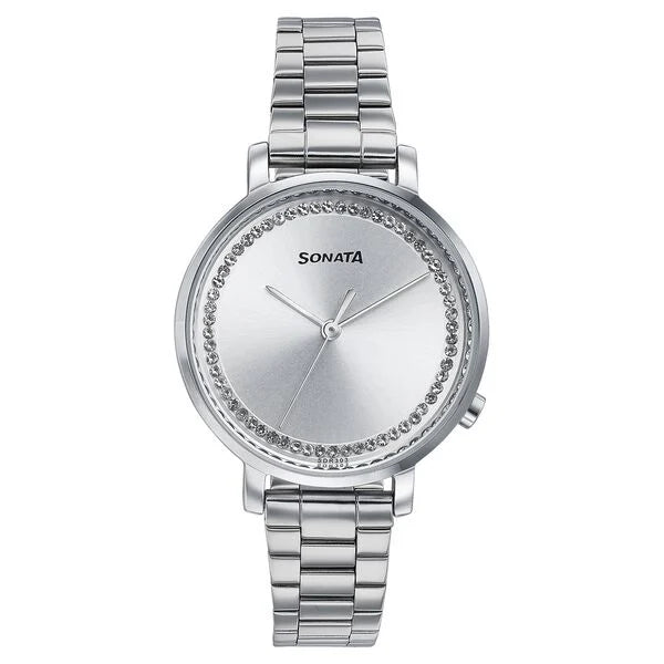 Sonata Elegent Essentials Quartz Analog Silver Dial Stainless Steel Strap Watch For Women 87045sm03w