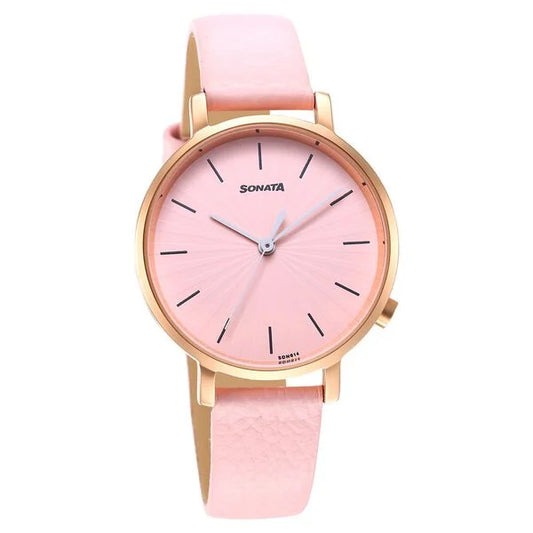 Sonata Essentials Pink Dial Leather Strap Watch for Women 87045wl01