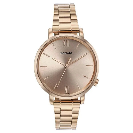 Sonata Elegent Essentials Quartz Analog Rose Gold Dial Stainless Steel Strap Watch For Women 87045wm01w