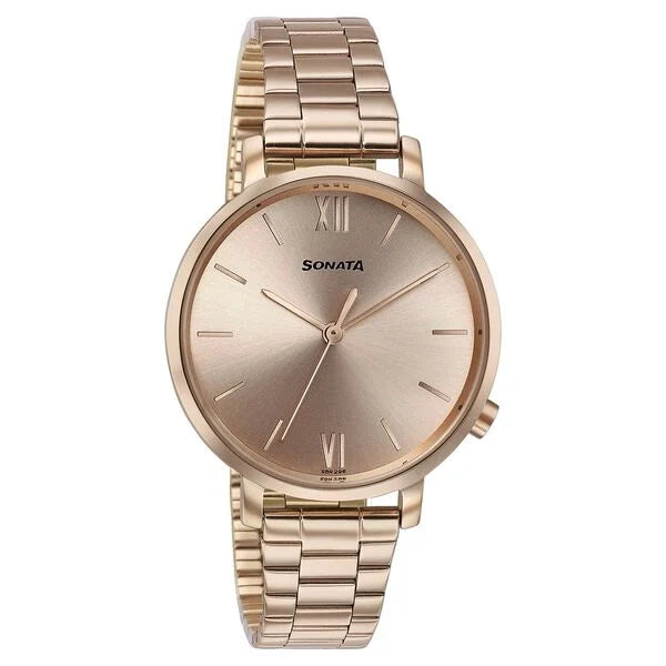 Sonata Elegent Essentials Quartz Analog Rose Gold Dial Stainless Steel Strap Watch For Women 87045wm01w