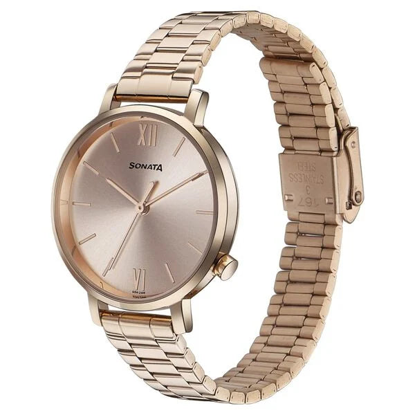 Sonata Elegent Essentials Quartz Analog Rose Gold Dial Stainless Steel Strap Watch For Women 87045wm01w