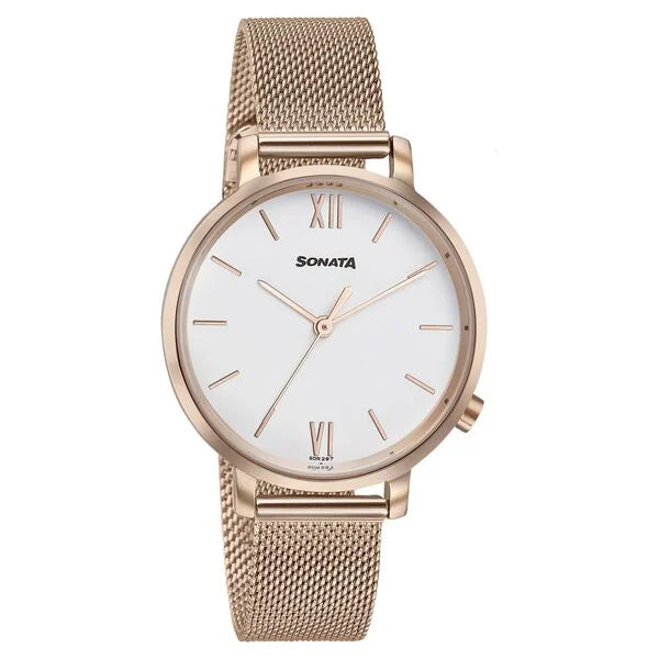 Sonata Elegent Essentials Quartz Analog White Dial Stainless Steel Strap Watch For Women 87045wm02w