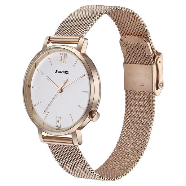 Sonata Elegent Essentials Quartz Analog White Dial Stainless Steel Strap Watch For Women 87045wm02w