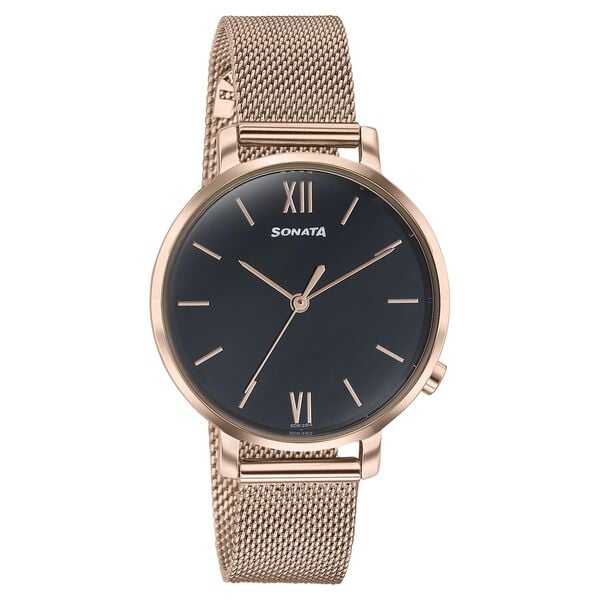 Sonata Elegent Essentials Quartz Analog Black Dial Stainless Steel Strap Watch For Women 87045wm03w