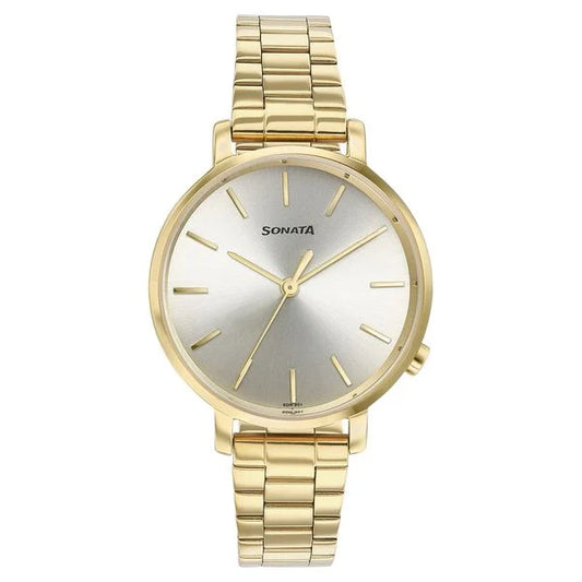 Sonata Elegent Essentials Quartz Analog Champagne Dial Stainless Steel Strap Watch For Women 87045ym01w