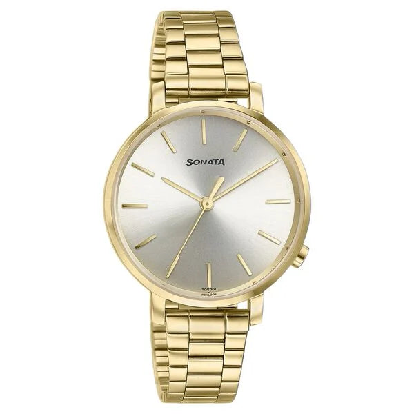 Sonata Elegent Essentials Quartz Analog Champagne Dial Stainless Steel Strap Watch For Women 87045ym01w