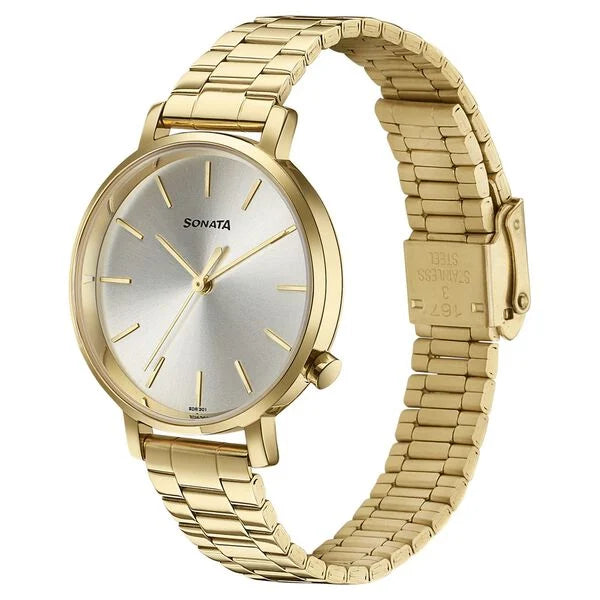 Sonata Elegent Essentials Quartz Analog Champagne Dial Stainless Steel Strap Watch For Women 87045ym01w