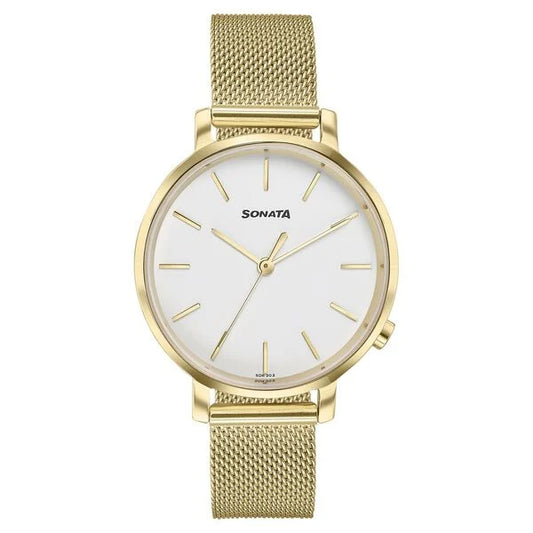 Sonata Elegent Essentials Quartz Analog White Dial Stainless Steel Strap Watch For Women 87045ym02w