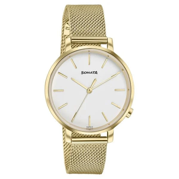 Sonata Elegent Essentials Quartz Analog White Dial Stainless Steel Strap Watch For Women 87045ym02w