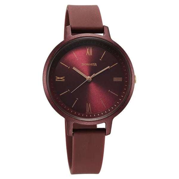 Sonata Splash Quartz Analog Maroon Dial Plastic Strap Watch for Women 87049pp16w