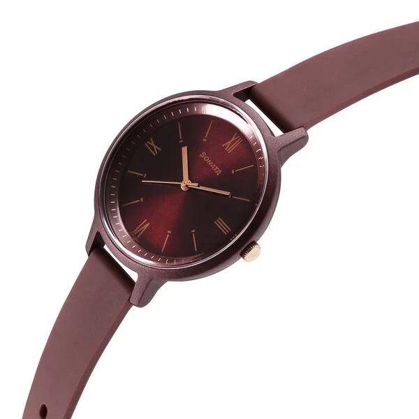 Sonata Splash Quartz Analog Maroon Dial Plastic Strap Watch for Women 87049pp16w