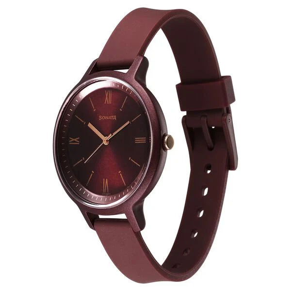 Sonata Splash Quartz Analog Maroon Dial Plastic Strap Watch for Women 87049pp16w