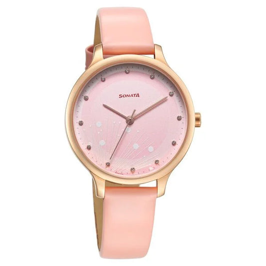 Sonata Blush Quartz Analog Pink dial Leather Strap Watch for Women 87050wl04