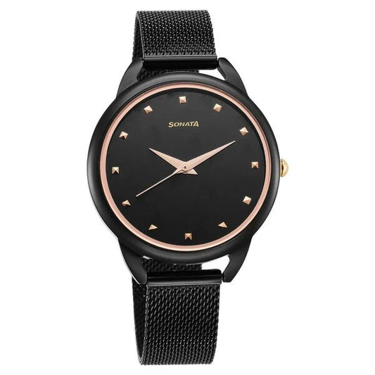 Sonata Wedding Quartz Analog Black Dial Stainless Steel Strap Watch for Women 87051km01