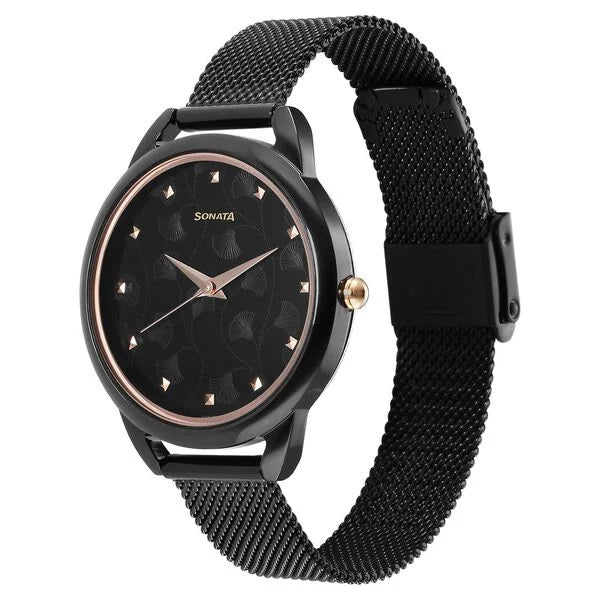 Sonata Wedding Quartz Analog Black Dial Stainless Steel Strap Watch for Women ns87051km01 / 87051km01